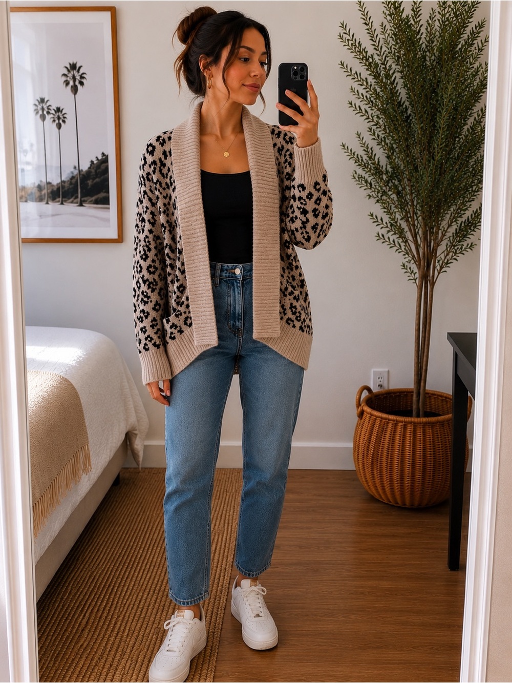 Rachel Zoe Beige and Black Leopard Open-Front Cardigan